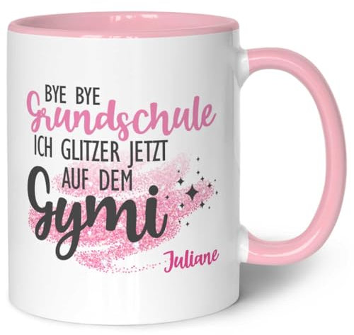 GRAVURZEILE Taza impresa con texto – Bye bye primaria – Personalizado con nombre – Regalo de graduación – Apto para lavavajillas – Regalo para niños y niñas Color Rosa