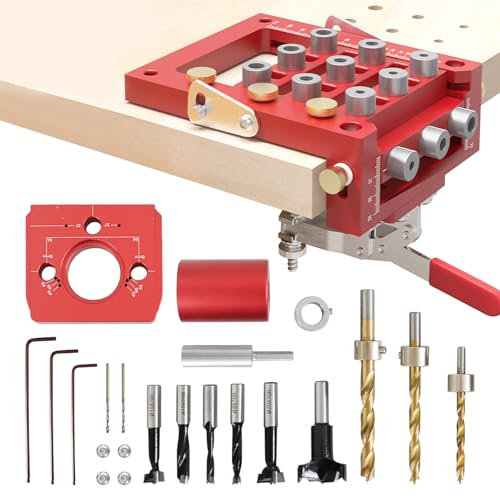 Self Centering Doweling Jig Kit, 3 in 1 Aluminum Alloy Hinge Drill Jig Self Centering Hole Guide with Multiple Drill Bits Scale, Cabinet Hardware Jig, Punch Locator Drill Guide