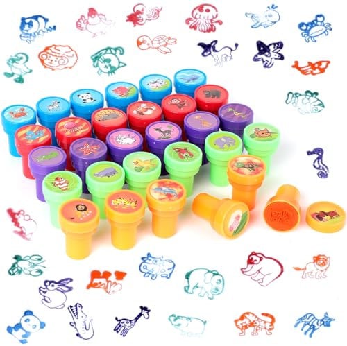 Romon Stempelset Tiere, 30 Stück Stempel Kinder, Niedliche Spielzeugstempel aus Plastik, Rund, Mehrfarbig, für Klassenzimmer Belohnungen, Party Taschenfüller, Kindergeburtstag Partygeschenk