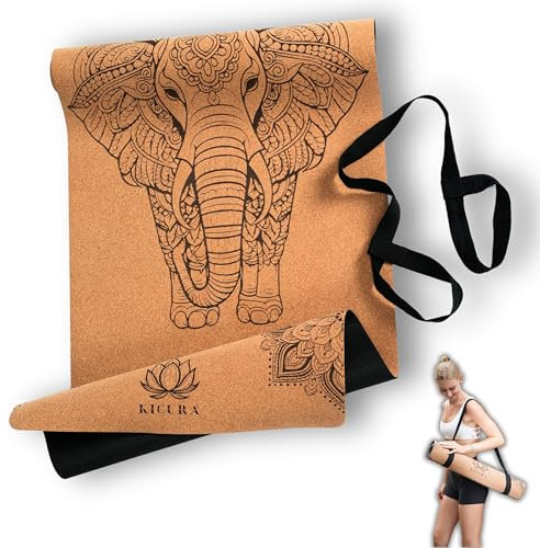 Kicura Yoga-Matte aus Kork & Naturkautschuk mit Elefantenmotiv – Rutschfeste Premium-Matte, 4mm dick, mit Tragegurt – Nachhaltig, in 3 Größen (Size-XL)