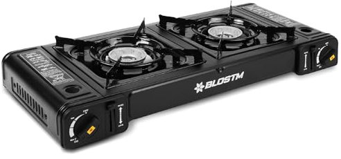 BLOSTM Fornello a gas portatile da campeggio, doppio bruciatore con sistema di accensione automatica e controllo del calore