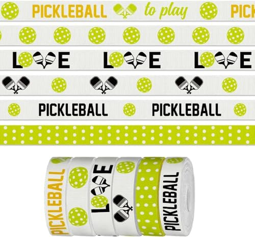 6 Pieces 3 Yards Sports Pickleball Ribbon for Crafting Sewing, 3/8 Inch Green Grosgrain Ribbons for Gift Wrapping, Balls Game Ribbons for Hair Bow Sports Fan Supplies