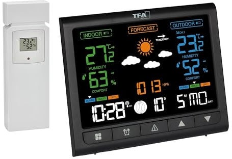 TFA Dostmann Wetterstation Funk mit Außensensor Contrast, 35.1171, VA-Display, Thermometer und Hygrometer für Innen/Außen, mit Wettervorhersage, Temperaturalarm, Funkuhr, schwarz