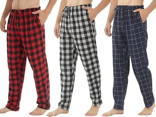 BEGIANT Pack de 2 ou 3 Pantalons Pyjama Homme Hiver Flanelle Coton Doux et Chaud à Carreaux Boutonnière Poches Confortable Lounge,Plaid gris + Carreaux bleu marine + Plaid rouge,XL