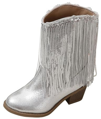 SRTUMEY Stivali invernali alti al ginocchio per bambine e ragazze, con nappa, tacco medio, impermeabili, stivali da equitazione alti per ragazze, Argento, 32 EU