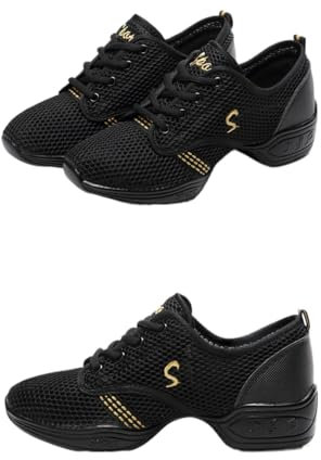 Damen Lace Up Tanzsneaker Damen Geteilte Sohle Luftkissen Modern Tanzschuhe Plattform (Schwarzgold,40)