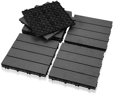 Jiubiaz WPC Fliesen, 30x30cm 66er für 6m² WPC Terrassenfliesen Balkon Bodenfliese mit Klick-System, Terrassendielen Wetterfest mit Drainage, Anthrazit