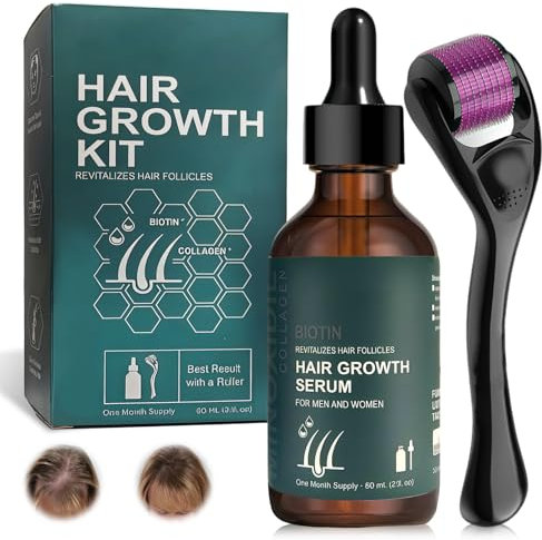 60ml Sérum de Croissance Capillaire, avec 0.5mm Derma Roller, Sérum de Croissance de Cheveux, Pour Anti Chute Cheveux Femme et Homme, Favorise la Pousse des Cheveux Plus épais