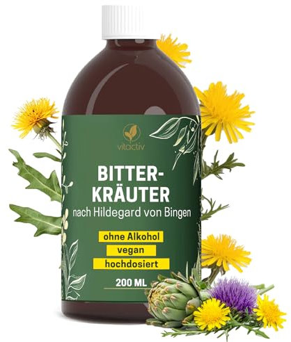 Vitactiv BITTERKRÄUTER - Bittertropfen ohne Alkohol, 200ml (117 Tage) - Erlesene Kräuter plus Cholin, Zink - Bitterstoffe Tropfen nach Hildegard von Bingen - Ohne Künstliche Zusätze, Zuckerfrei, Vegan