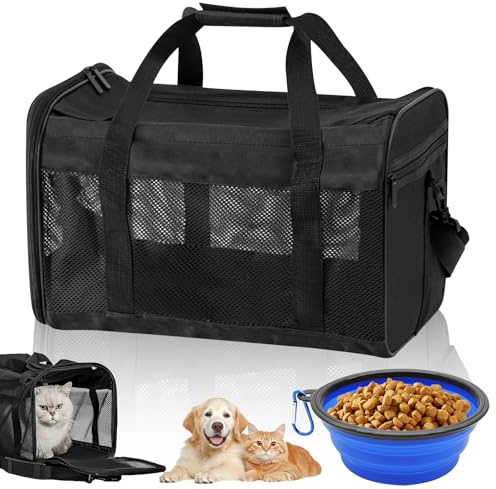 WANDGU Transportlåda för katt hund katttransportbox: 42 x 27 x 28 cm katttransportlådor vikbar med hundskål, bärbar hundtransportbur, transportlåda för husdjur