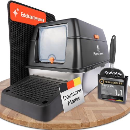 Edelstahl Katzenklo XXL - Große Geschlossene Katzentoilette mit Deckel, Premium Schaufel & Ergonomische Fußstufe, 3x Aktivkohlefilter, auslaufsicher, Stainless Steel Cat Litter Box, 60x40cm (Schwarz)