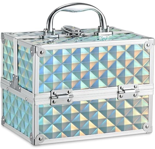 Frenessa Vanity Case Makeup Case Makeup Box Organiser 4 Trays Lockable Beauty Box Make up Organiser Storage, Shiny Blue