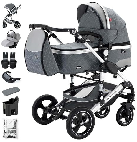 Daliya® BAMBIMO 3in1 Kinderwagen & Buggy mit Auto-Babyschale, XXL-Set, Wickeltasche, Regenschutz, Spiel- und Esstisch, Airless-Räder, Alu-Rahmen (Grau - Rahmen Silber)