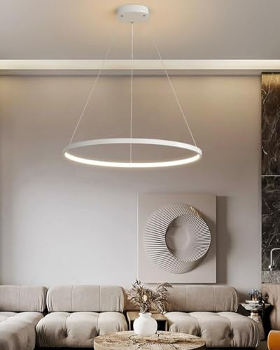 Moderne Runde Hängeleuchte 26W Dimmbare Esstischlampe LED Pendelleuchte mit Fernbedienung, Esszimmerlampe Design Höhenverstellbar Hängelampe für Wohnzimmer Esszimmer Küche Esstisch Lampe(White,60cm)