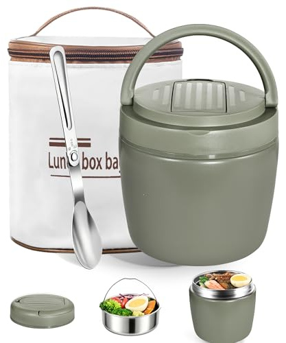 1.2L Thermobehälter für Essen aus Edelstahl, Doppelwand Isoliert Thermoschüssel mit Deckel mit Löffel, Warmhaltebehälter Essen Auslaufsicher, Multifunktional Thermo Lunchbox für Outdoor/Büro (Grün)