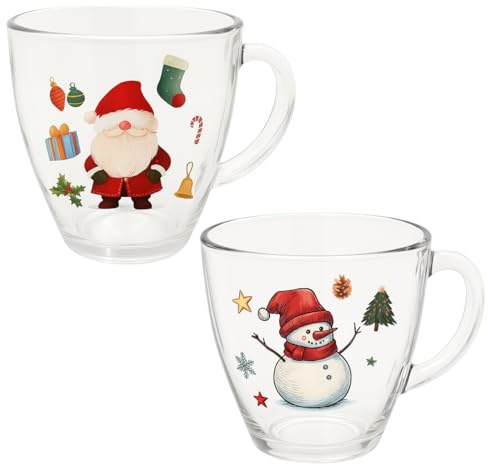 Santa Magix Weihnachtsbecher 2er Set aus Glas mit Henkel 300 oder 350 ml Trinkglas mit Schneemann- & Weihnachtsmann-Motiv | Festlicher Glühwein- & Kakaobecher | Geschenkidee für Familie & Freunde