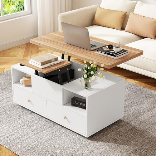 Bladez Couchtisch mit höhenverstellbarer Platte | 2-in-1 Multifunktionstisch, Mit 2 Schubladen & Schrank | Weiß & Holzumwandelbar in Esstisch | (Holzfarbe Und White 2)