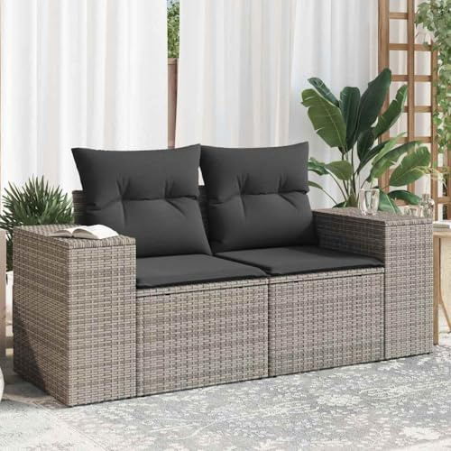 Bucmath Gartensofa 2-Sitzer, Grau Poly Rattan Loungesofa mit Kissen, UV-beständig, Modulares Design für Terrasse, Balkon, Gartenmöbel Set