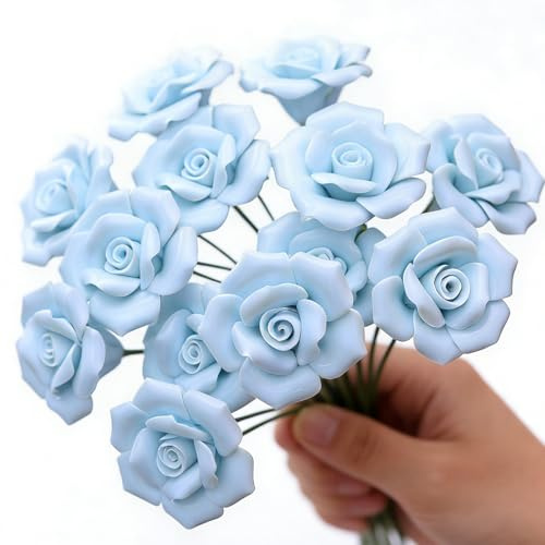 FANLUTYIN Ceramic Flower Bouquet Set of 10 Handmade Ceramic Roses Simulated Flowers Floral Decorations, Creative Gifts for Flora Home Decor (Light Blue Rose, 10 Inch (Pack of 10))