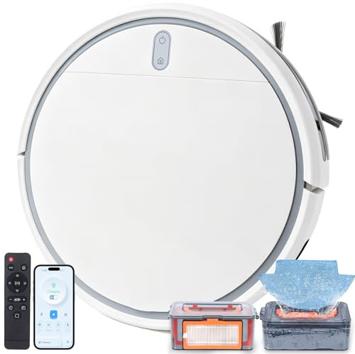 Niuoppy Robot Vacuum Cleaner with Mop 6000Pa Super Suction, Self-Emptying Robotic Vacuum Cleaner for Carpets, Automatic Self-Charging, APP Remote Voice Control, Obstacle Avoidance (White)