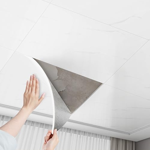 Dalle de Plafond Dalles de Faux-Plafond Autocollantes pour Salle de Bains et Salon, Panneaux Muraux éLéGants La DéCoration Diy, Dalles Murales PVC à Coller(Marble Grain,90 pcs (Cover 8.1 m²))