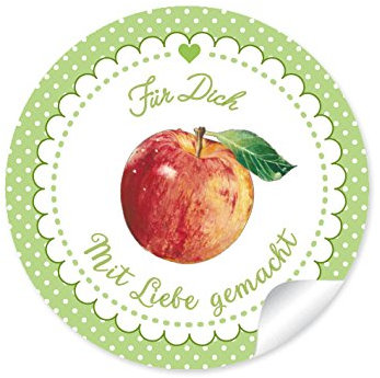 24 STICKER Süße Aufkleber in GRÜN mit Punkten, Herz und liebevoll illustriertem Apfel Für Dich - mit Liebe gemacht Papieraufkleber Etiketten Format 4 cm, rund, matt