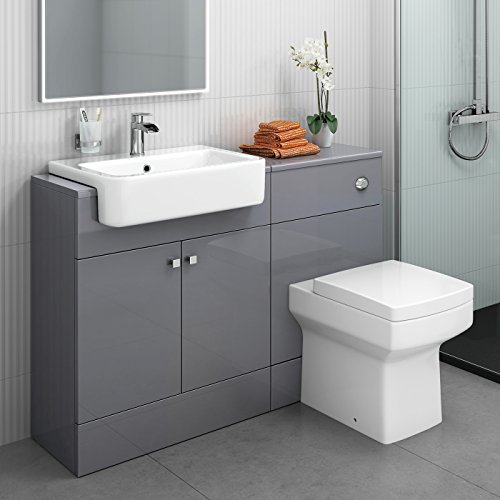 1160 mm Modern Gloss Grey Bathroom Door Vanity Unit Basin Sink + Toilet Furniture Set