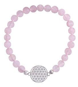 Strecharmband Rosenquarz Armband mit 925 Silber Plättchen Blume des Lebens Ø 15 mm