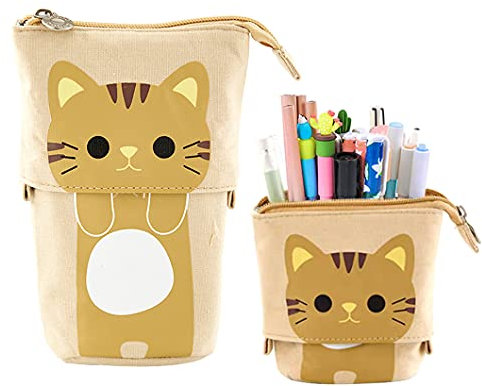 Rolin Roly Teleskop-Federmäppchen Stehendes Mäppchen Süße Katze Bleistift Tasche Leinwand Kosmetik Schreibwaren Organizer Ständer Bleistifthalter für Jungen und Mädchen