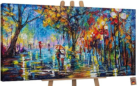 YS Tableau peinte à la main Ruelle d'automne Surface texturée parc d'automne avec un couple paysage du soir bleu et jaune couleur Déco murale salon 120x60 cm