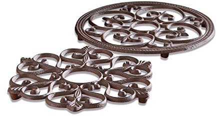 LOBERON Topfuntersetzer 2er Set Gratton, im Ornament-Stil, Vintage-Charakter, speichert Wärme, Küchenutensilien, Küchenaccessoire, Gusseisen, antikbraun