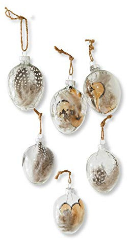 Loberon Osterei 6er Set Fontlery, luftig-leichtes Design, nostalgischer Charakter, Deko-Eier, Ostern, Osterdeko, Glas, Hühnerfedern, klar/braun