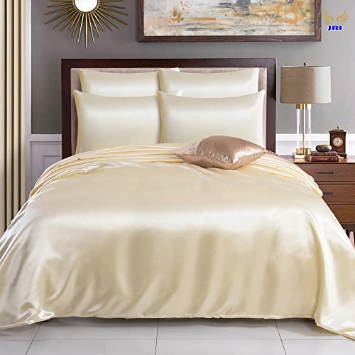 6PCS Satin Duvet Cover Bedding Set Plain Luxury Soft Bed Set Include (1xDuvet Cover, 1xFitted Sheet, 4xHousewife Pillow Case) (Super King, Cream)-(Same Day Dispatch)