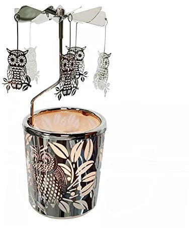 Kingnero eulen Kerze Windlicht Karussell, Glas teelichthalter karussell ,Weihnachten Drehbar Kerzenhalter windmühle Kerze für Zuhause, Tische, Geschenke für Kinder, Frau, Geburtstag, (Silver)