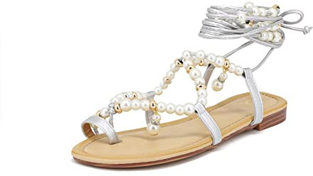 QUEEN HELENA Flip Flop Sandalen Flach Damen, Y4007 Silber, 38 EU