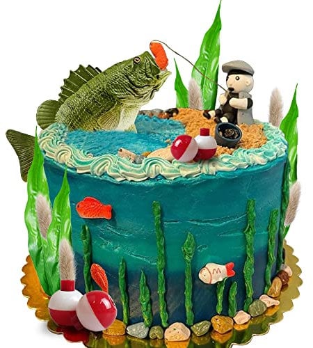 24PCS Gone Fishing Cake Topper Fisherman Fish Cake Decoration for Catching the Big One Birthday Theme Party Supplies