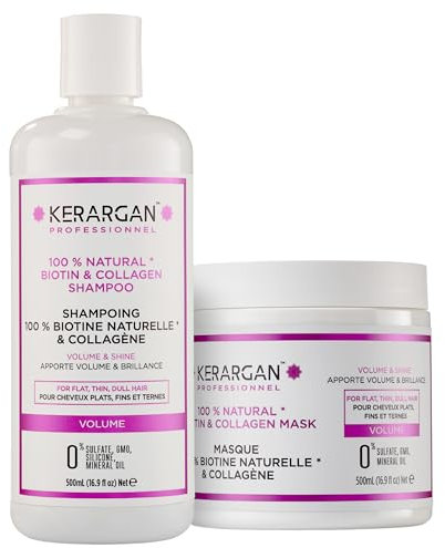Kerargan - Dúo Voluminizador Champú & Mascarilla Capilar con Biotina & Colágeno para Cabello Lacio, Fino y Apagado - Aumenta Brillo & Densidad - Sin Sulfatos, GMO, Silicona, Aceite Mineral - 2x500ml