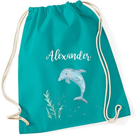 minimutz Turnbeutel personalisiert für Kinder mit Delfin und Name | Stoffbeutel mit Kordel zum Zuziehen | Geschenk-Idee Schulstart Geburtstag(türkis)