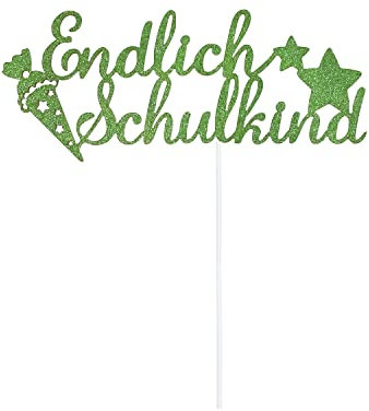 Oblique Unique® Endlich Schulkind Torten Topper Glitzernd für Schuleinführung Einschulung Schulanfang von Jungs und Mädchen Topper Kuchendeckel (Grün)