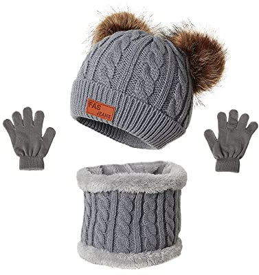 TOKYMOON 3 in 1 Kinder Wintermütze Schal Handschuhe Set Strickmütze Warme Winter Beanie Hut Handschuhe Schal Set für Kinder Jungen Mädchen Babymütze Kinder Mütze Set 1-5 JahreGrau