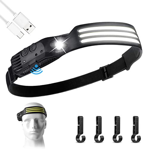 flintronic Led Headlamp USB Rechargeable,5 Modes 600 Lumens COB Headlight, IPX4 230°Wide-Angle Waterproof Lightweight Head Torch with Motion Sensor for Running, Hiking Emergency 6 Hours(3 Lights)