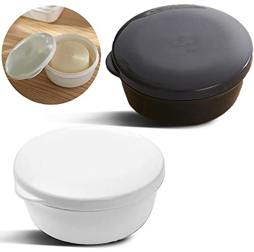 Lot de 2 porte-savon ronds portables en plastique avec couvercle anti-fuite (noir + blanc)