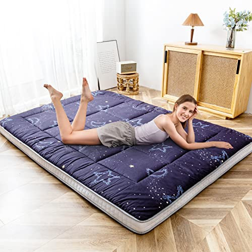 MAXYOYO Futon Matratze, Gepolsterte Japanische Bodenmatratze Gesteppte Bett Matratzenauflage, Extra Dicke Faltbare Isomatte Atmungsaktive Bodenliege Gästebett (Mond und Sterne, 150x200cm)