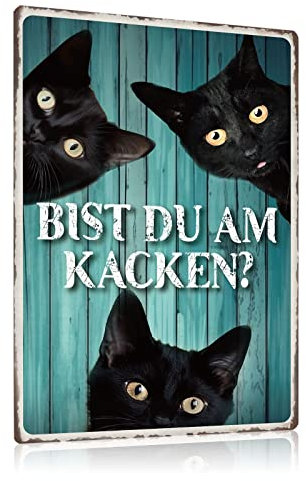 ZDFDC Schwarze Katze Vintage Blechschilder mit Lustig Spruch - BIST DU AM KACKEN - Retro Katzen Metall-schild Poster Wanddeko für Bade-zimmer WC Toilette Gästebad klo 20x30cm