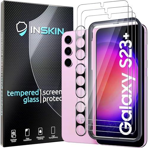 Inskin Protection d'écran et d'objectif d'appareil photo, compatible avec Samsung Galaxy S23 Plus 5G 6.6 [2023] – Lot de 3 + 3 films en verre trempé 9H, HD transparent, compatible avec les coques