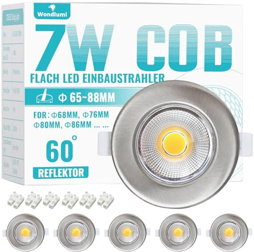 Wondlumi 6er Einbaustrahler LED 7W Set LED Spots 230V Rund Gebürstet Edelstahl Deckenspots 4000K Neutralweiß 600LM Einbauleuchten 65-85mm Lochmaß für Küche