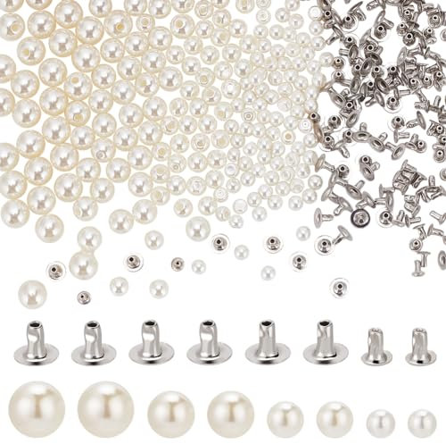 WEBEEDY 300 PCS Full Pearl Rivet for Clothing Decoration Mix Size Faux Pearls Rivets Studs Buttons Jean Decor Leather Hat Shoe Clothes Bag Skirt Bridal Veil DIY Accessories for Machine, 6/8/10/12mm