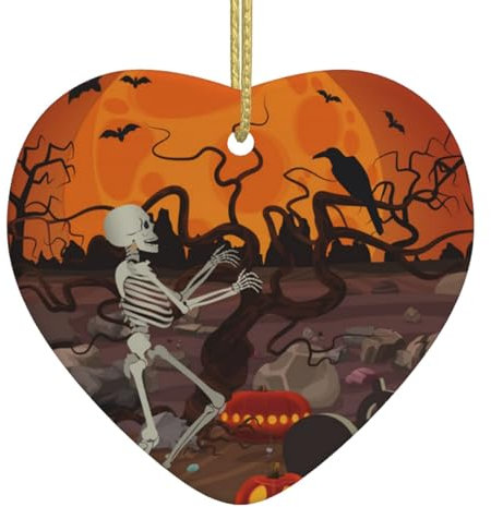 Weihnachtsschmuck für Baumdekoration, Halloween-Skelett, Spaziergang in der Nähe des Grabes, weiße Keramik, hängende Weihnachtsbaum-Dekorationen, Kugel, Heimdekoration (Herzform)