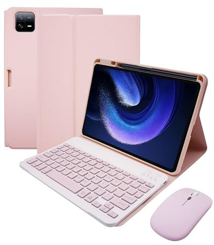 HLTOOP Tastatur Hülle für Xiaomi Pad 6/6 Pro, Abnehmbare Kabellose Tastatur Mit Hintergrundbeleuchtung Und Magnetischer Schutzhülle, Maus,Rosa