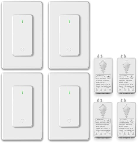 NineLeaf 4Stück Kabelloser Lichtschalter und Empfänger-Kit, Wandmontierter Lichtschalter, Kabelloser Lichtschalter, Schnallen-Design&Abnehmbar, keine Verkabelung, programmierbare 1300ft Fernbedienung